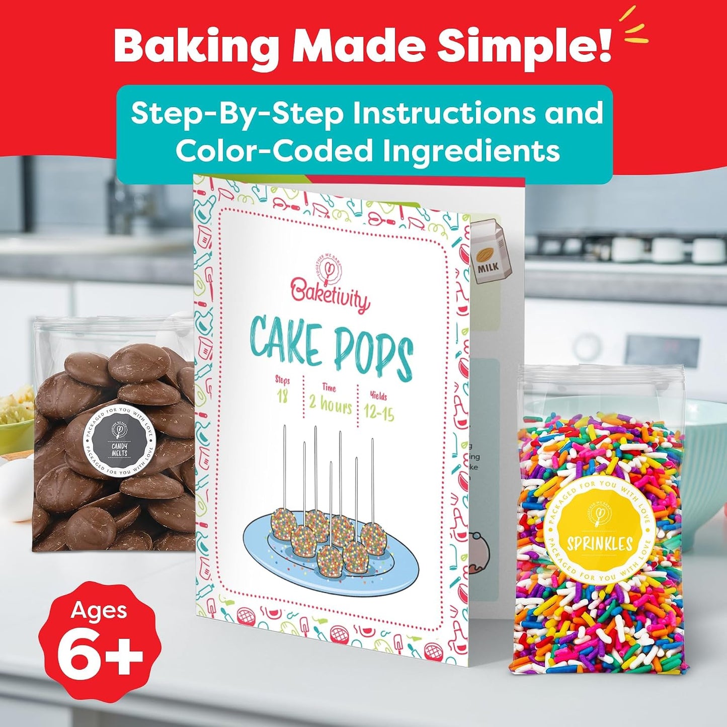 Baketivity DIY Cake Pop Kids Baking Kit with Pre-Measured Ingredients | Bake 10–12 Treats with Decorating Supplies, Activity Book, and Simple Recipe Gift Idea for Boys and Girls Ages 4-12