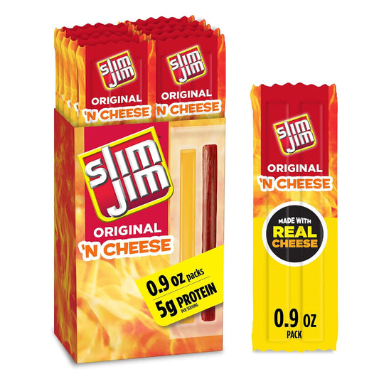 Slim Jim Original 'N Cheese Smoked Meat Sticks, 10 Count, 0.9 oz Each