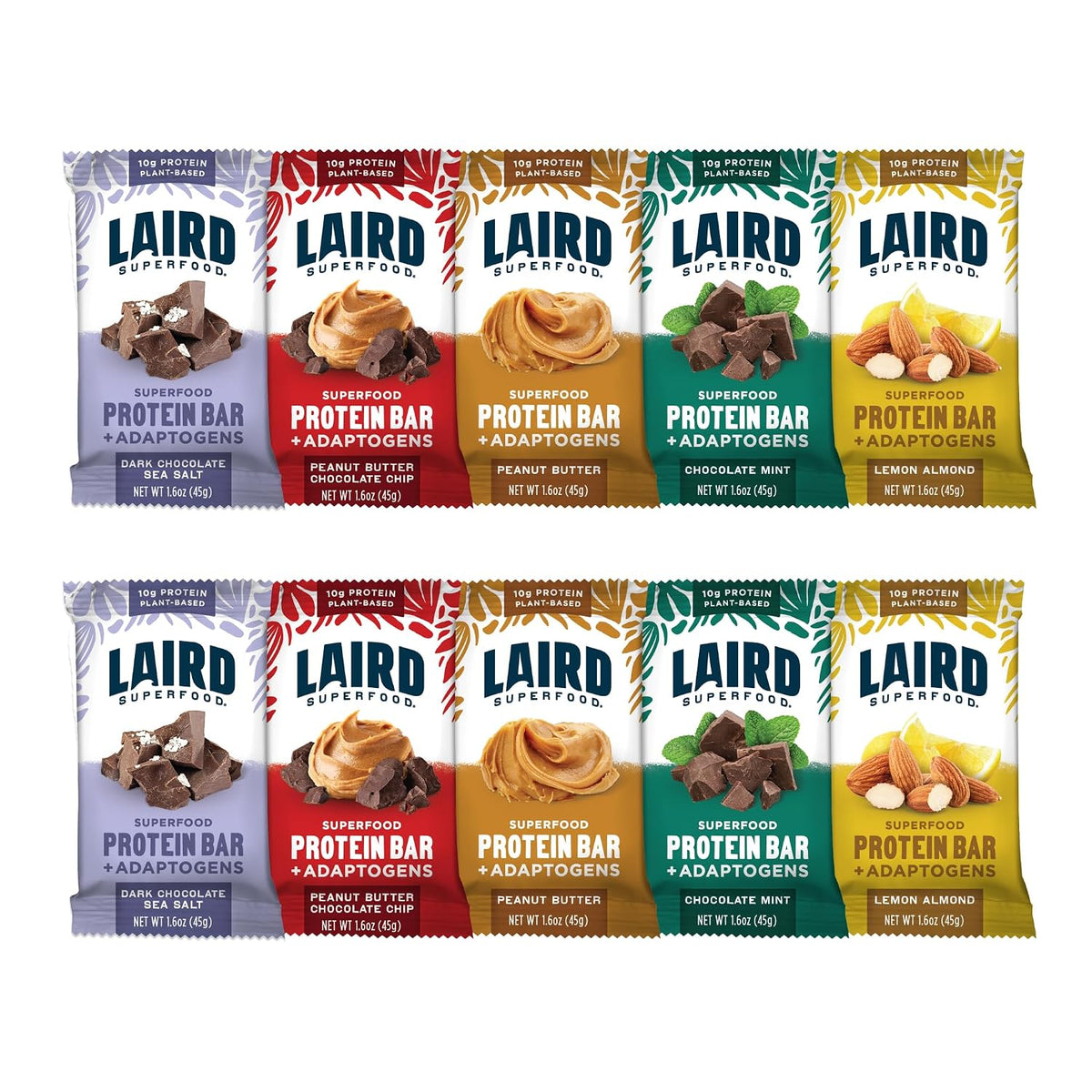 Laird Superfood Functional Protein Bars, 10g Plant-Based Protein, 6g Fiber, 5 Flavor Variety Pack, 10 Count