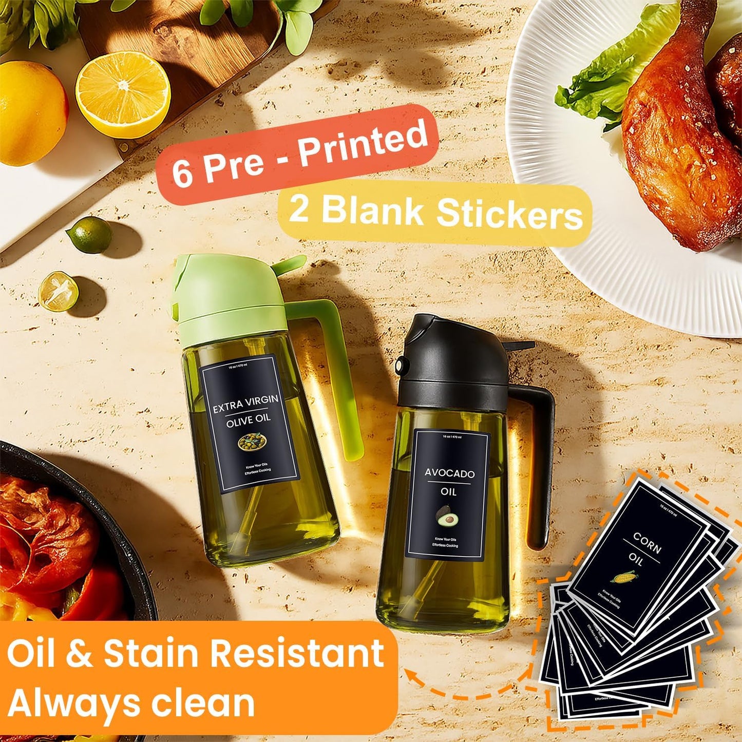 CXINYI - 16oz/470ml Olive Oil Dispenser for Kitchen with Stickers - 2 in 1 Olive Oil Sprayer for Cooking, Air Fryer, and Salad, Black&Green (Light-Proof Kitchen Gadget)