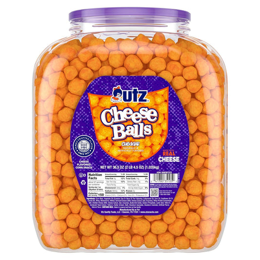Utz Cheese Balls Barrel, 36.5 Oz, Reusable Container, Gluten Free