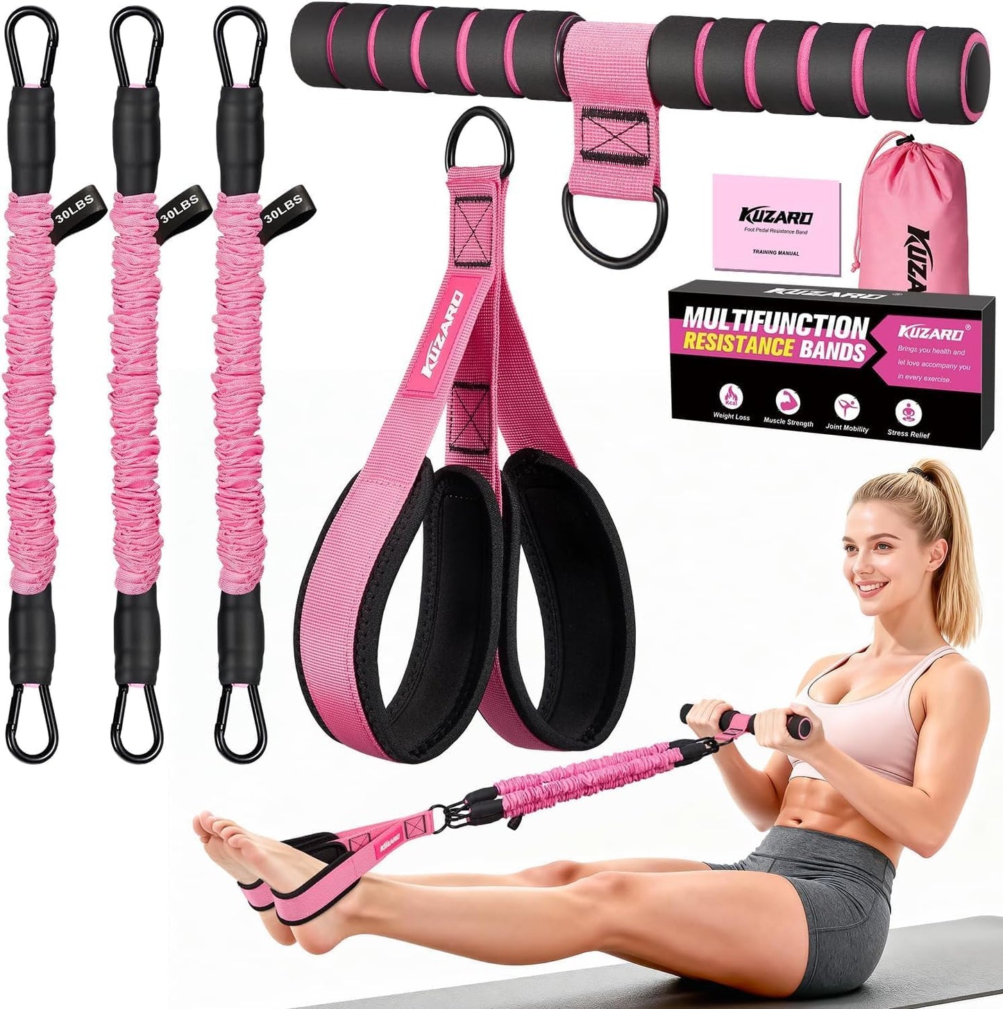 KUZARO Multifunction Pedal Resistance Bands for Full-Body Workout - Adjustable 30-90 lbs