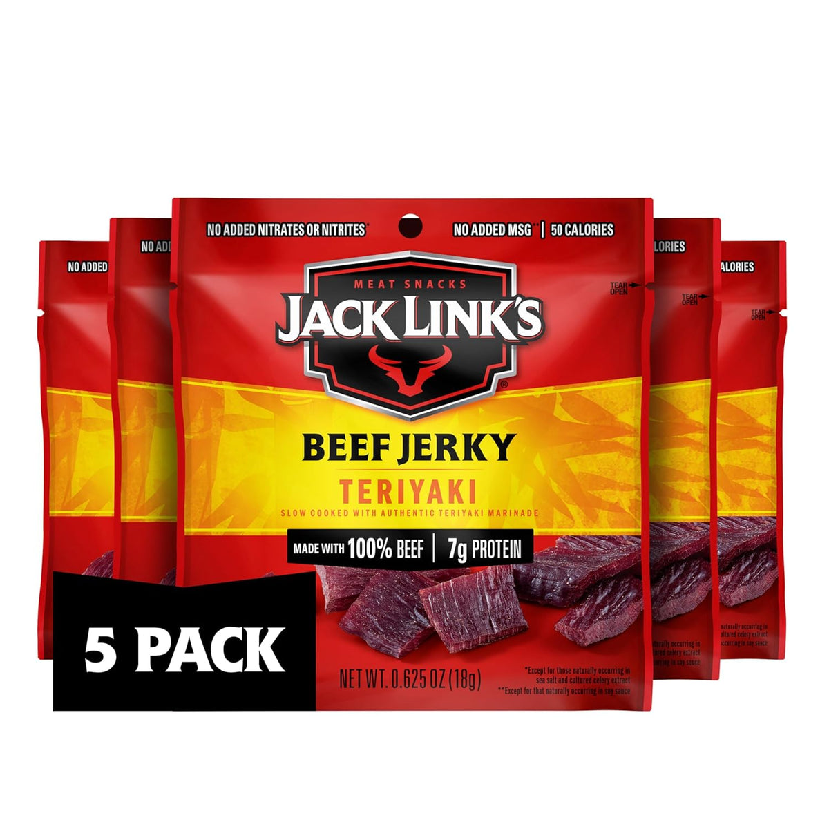 Jack Link's Teriyaki Beef Jerky Multipack, 5 Pack, 0.625 oz Bags, Ready to Eat Protein Snacks