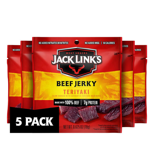 Jack Link's Teriyaki Beef Jerky Multipack, 5 Pack, 0.625 oz Bags, Ready to Eat Protein Snacks