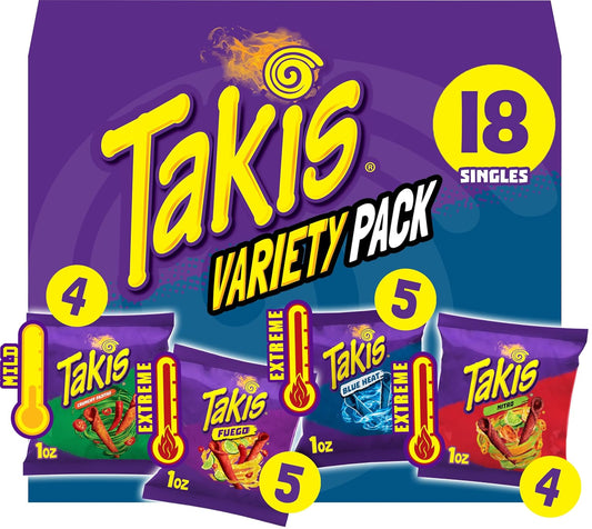 Takis 18 pc / 1 oz Variety Pack, Assorted Flavored Rolled Corn Tortilla Chips