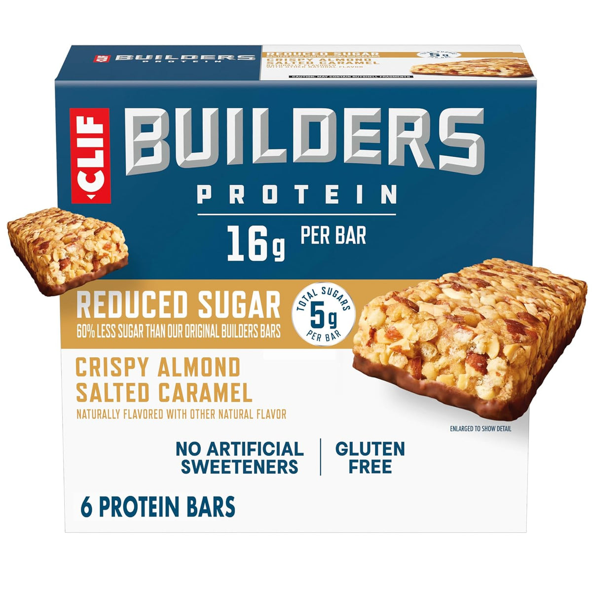 CLIF BUILDERS Protein Bars - Crispy Almond Salted Caramel - 16g Protein - Gluten Free - 6 Pack