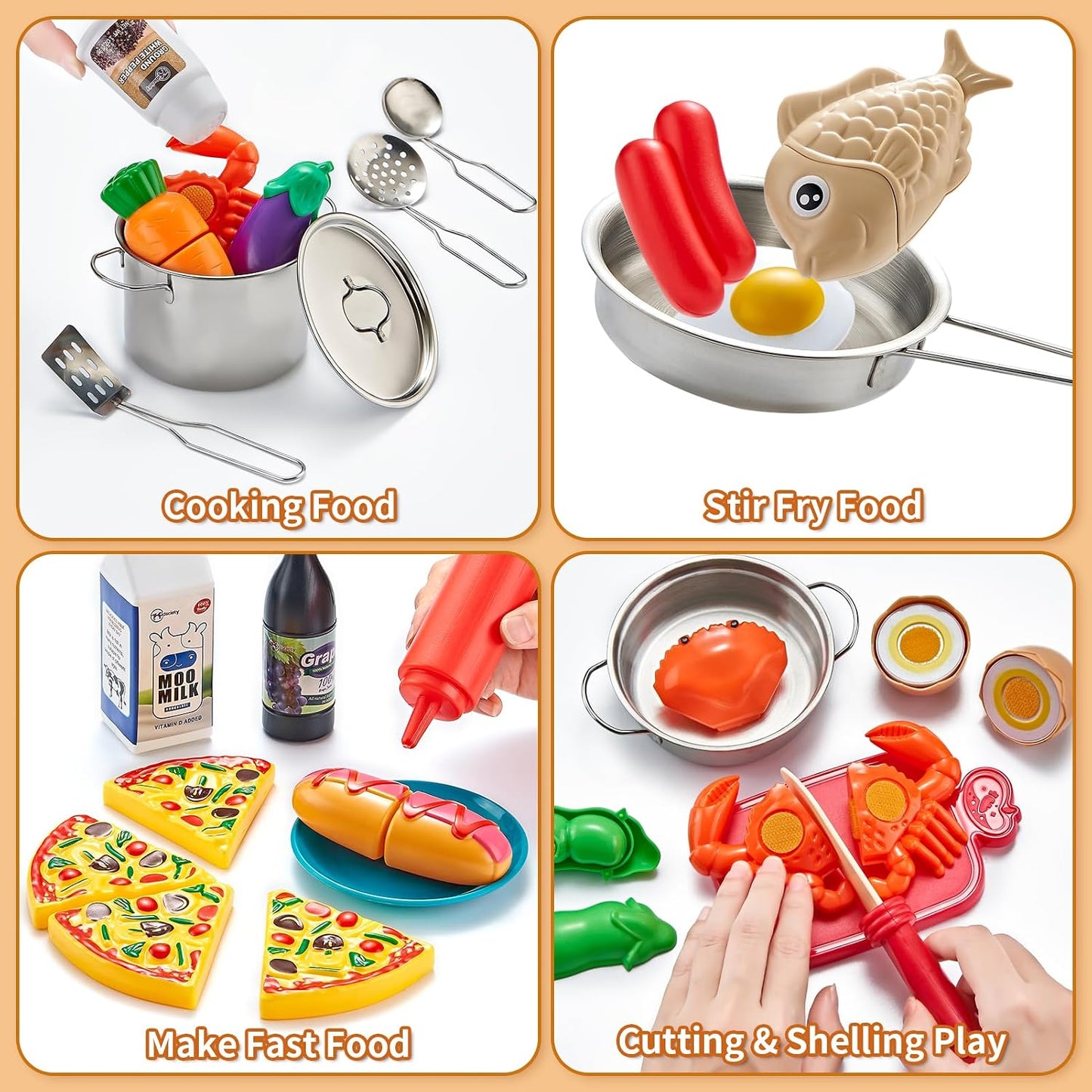 Kidsciety Pretend Play Kitchen Accessories, 52pc Kids Kitchen Playset with Play Food, Stainless Steel Cookware, Kitchen Toys Pots and Pans, Kids Kitchen Set with Cuttable Toy Food, Boys Girls Gift