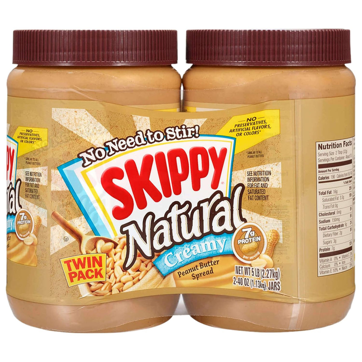 SKIPPY Natural Peanut Butter Creamy Twin Pack, 40 Ounces, Pack of 2 - Gluten-Free, Kosher Certified