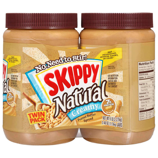 SKIPPY Natural Peanut Butter Creamy Twin Pack, 40 Ounces, Pack of 2 - Gluten-Free, Kosher Certified