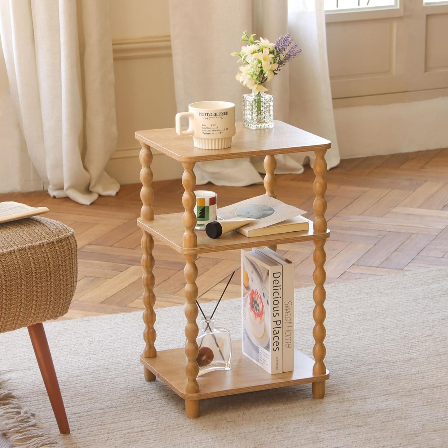 End Table, Modern Side Table with 3 Tier Open Shelf, Small Table Bed Side Tables Bedroom for Small Spaces, Living Room and Office (Rustic Walnut)