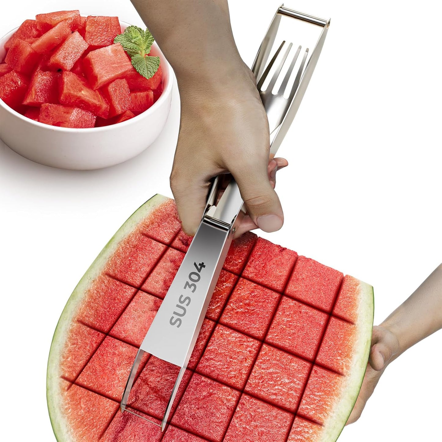 CripsTaste Watermelon Cutter Slicer Tool Stainless Steel Watermelon Fork | 2-in-1 Watermelon Fork Slicer Retractable Fork & Dual Blades for Easier Cutting, Fruit Cutter Slicer for Kitchen Gadget Party
