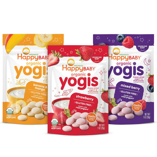 Happy Baby Organics 3 Flavor Yogis Freeze-Dried Yogurt & Fruit Snacks Variety Pack, 1 Ounce, 3 Count