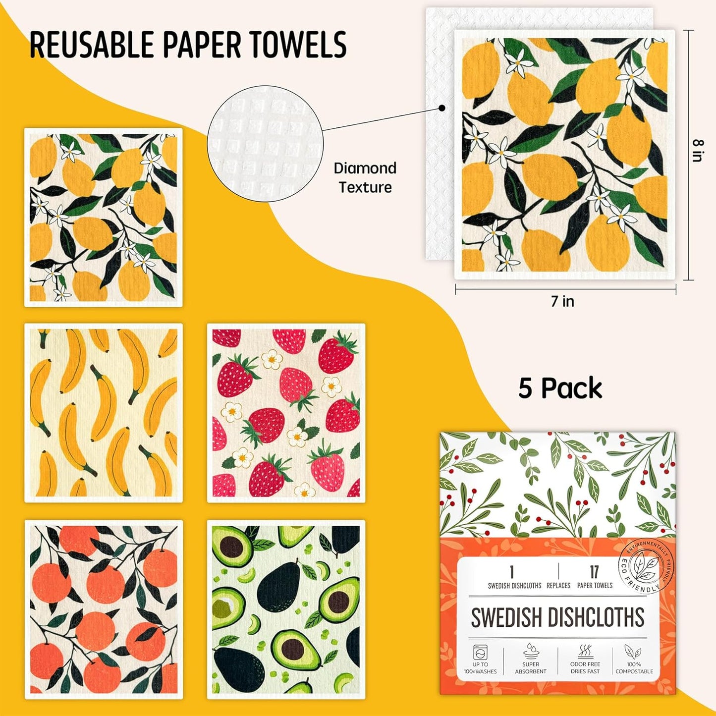 Augine Swedish Dishcloths for Kitchen, Swedish Dish Cloths 5 Pack, Super Absorbent Reusable Paper Towels Washable, Biodegradable, Quick Drying, Dishwasher Safe