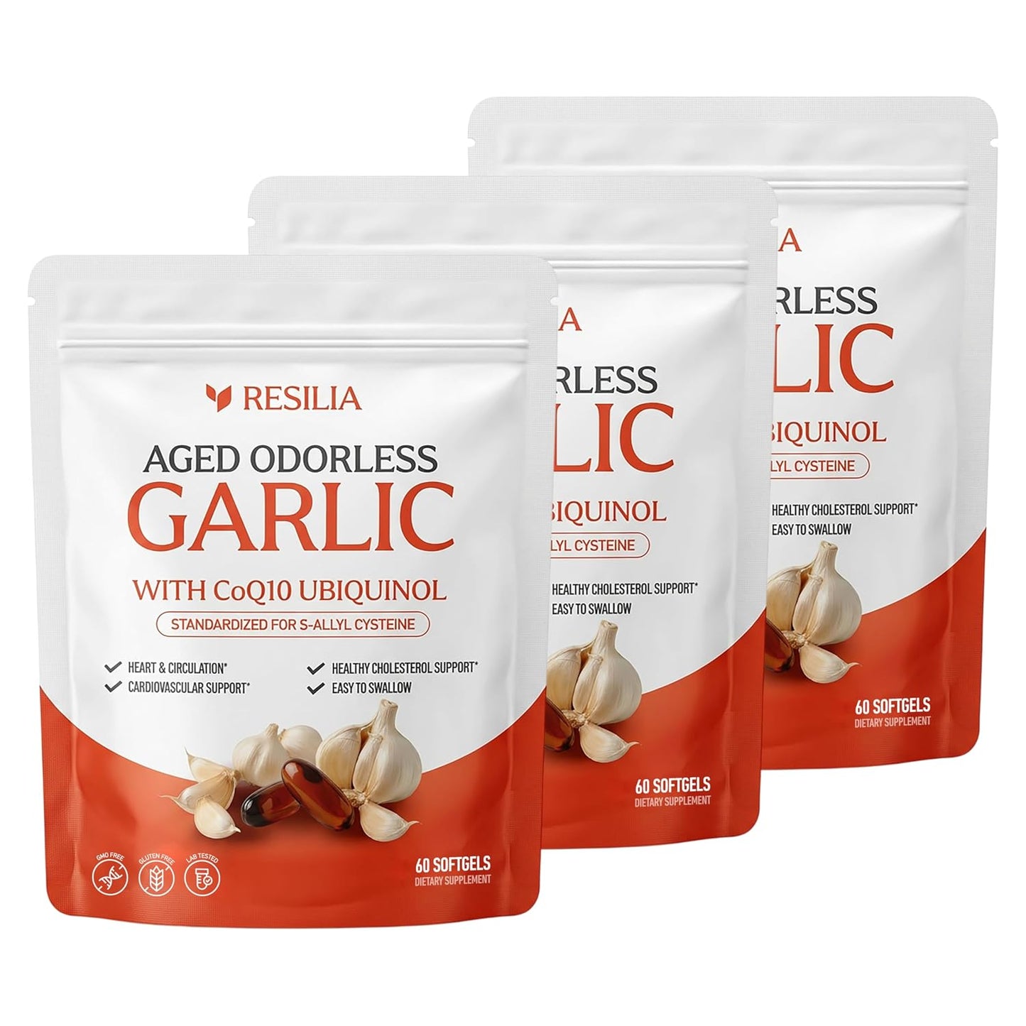 Resilia Garlic Extract 600mg Softgels (60 Count) – Odorless Aged Garlic Extract Supplement with CoQ10 Ubiquinol – 20-Month Matured, Standardized for S-Allyl Cysteine - Heart Health & Immune Support