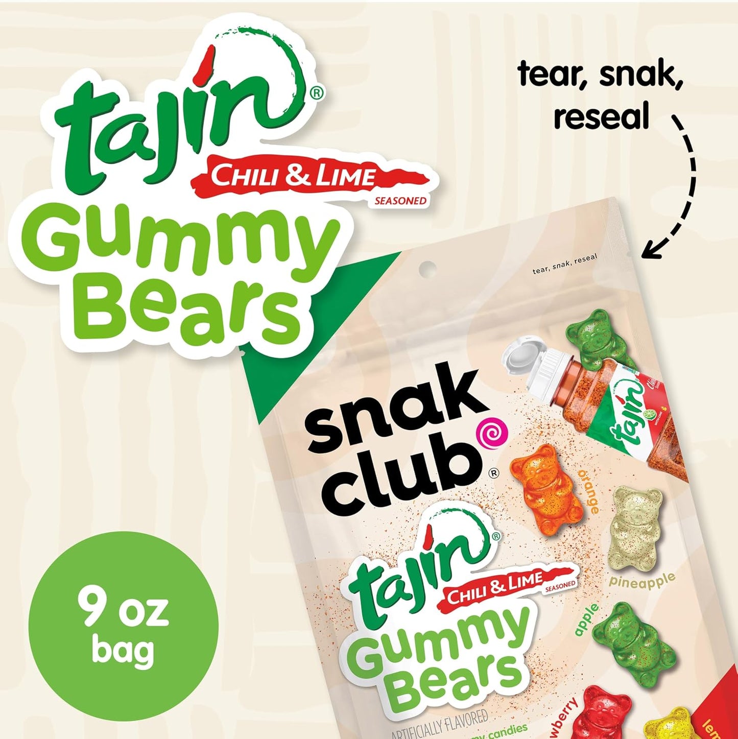 Snak Club Tajin Gummy Bears Assorted Fruit Candy Gummies 9 oz Resealable Bag