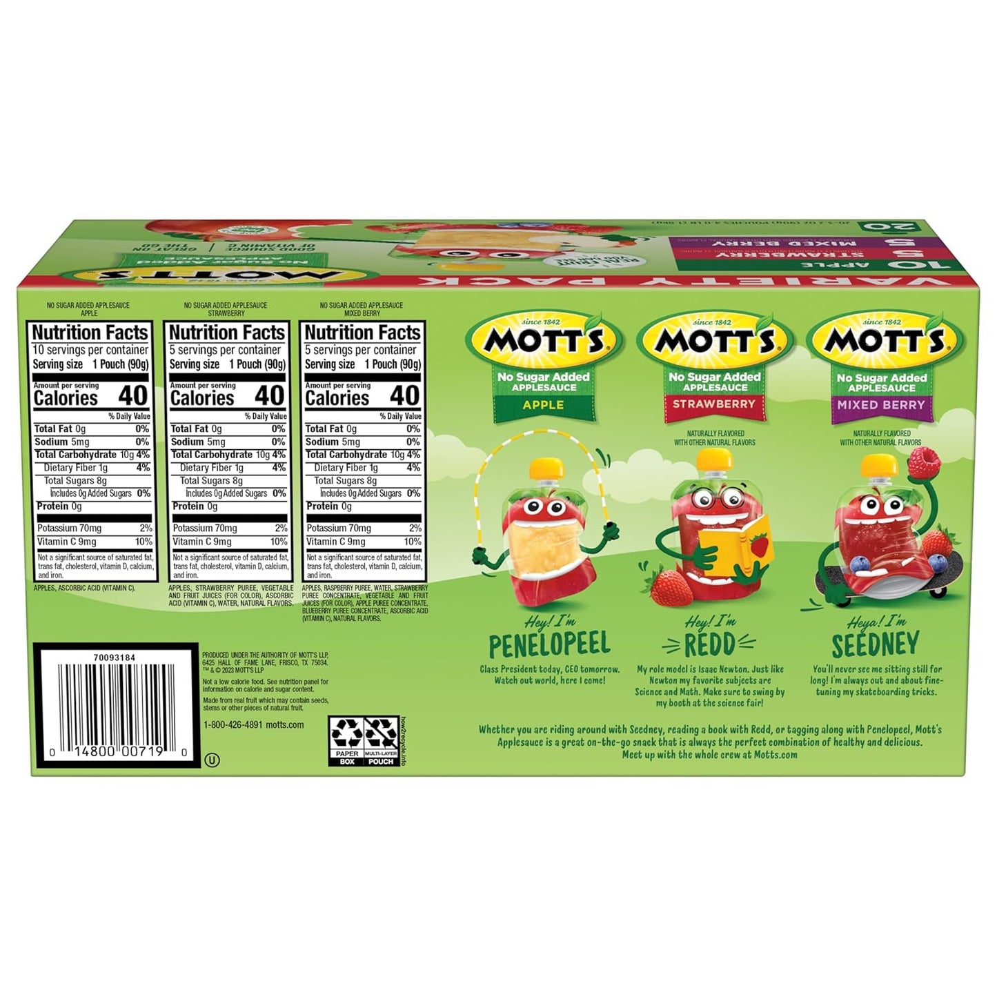Mott's No Sugar Added Applesauce Variety Pack, 3 Flavors, 20 Pack