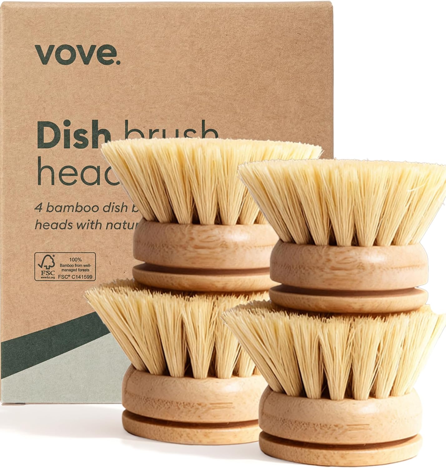 Vove Bamboo Dish Brush with 3 Replacement Heads, Plastic-Free Kitchen Scrub Brush for Pots Pans and Dishes, FSC-Certified Bamboo Handle with Natural Fiber Bristles, Non-Toxic Zero-Waste