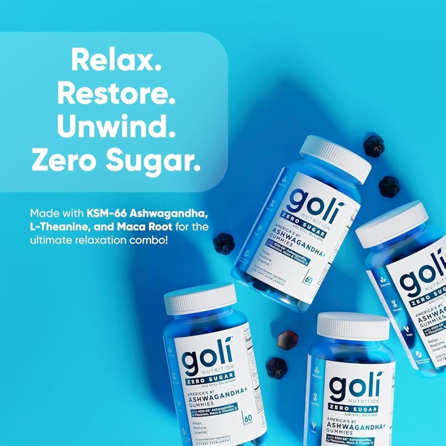 Goli Zero Sugar Ashwagandha Gummies with KSM-66, L-Theanine, Maca and Vitamin D - No Sugar Alcohols - Vegan, Keto-Friendly, Non-GMO
