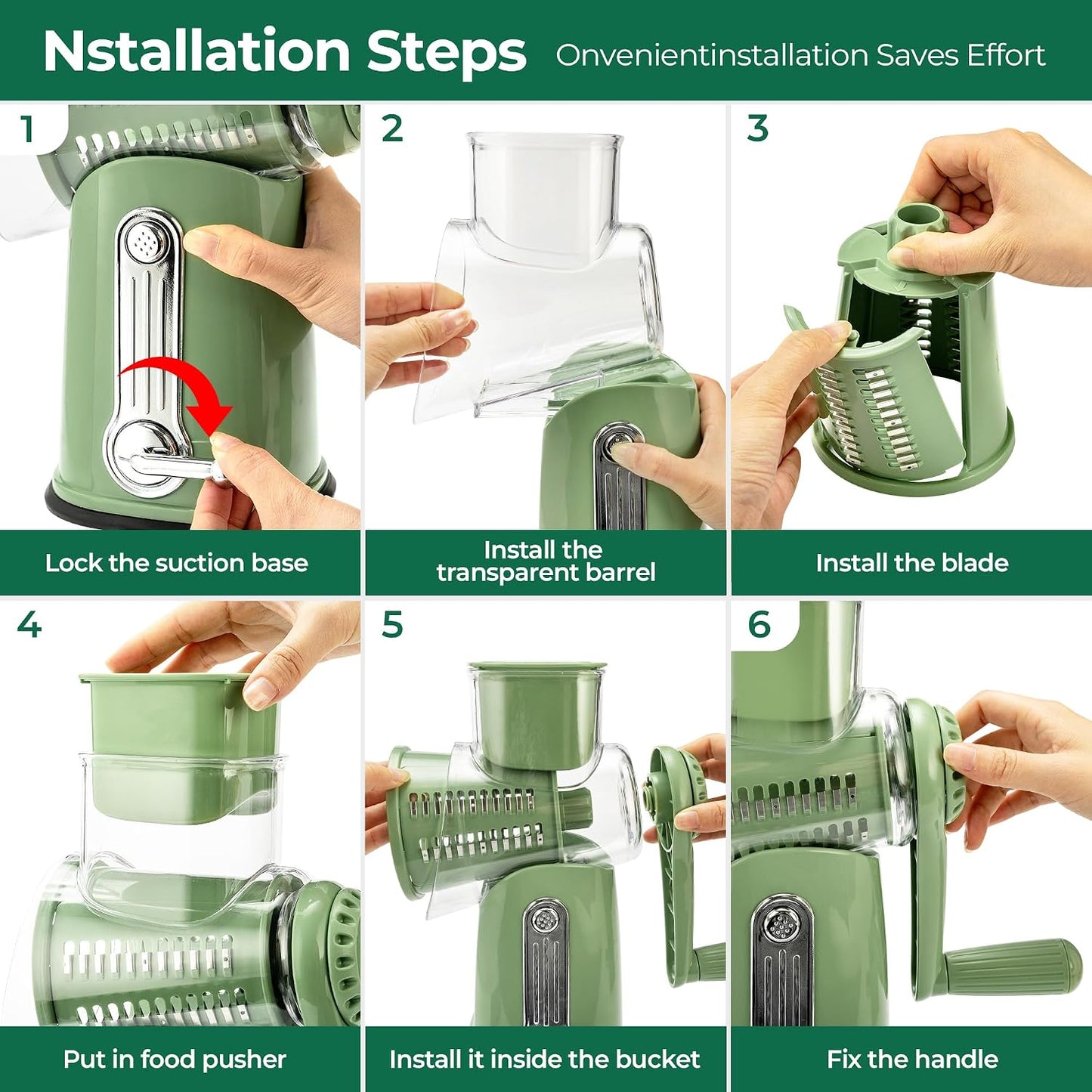 SUSTEAS Rotary Cheese Grater 5 Blades,Kitchen Mandoline Vegetable Slicer | Easy to Clean,Strong Suction Base,Blades Storage Box,Round Mandoline Slicer & Food Chopper for Cheese,Salad,Nut, Retro Green