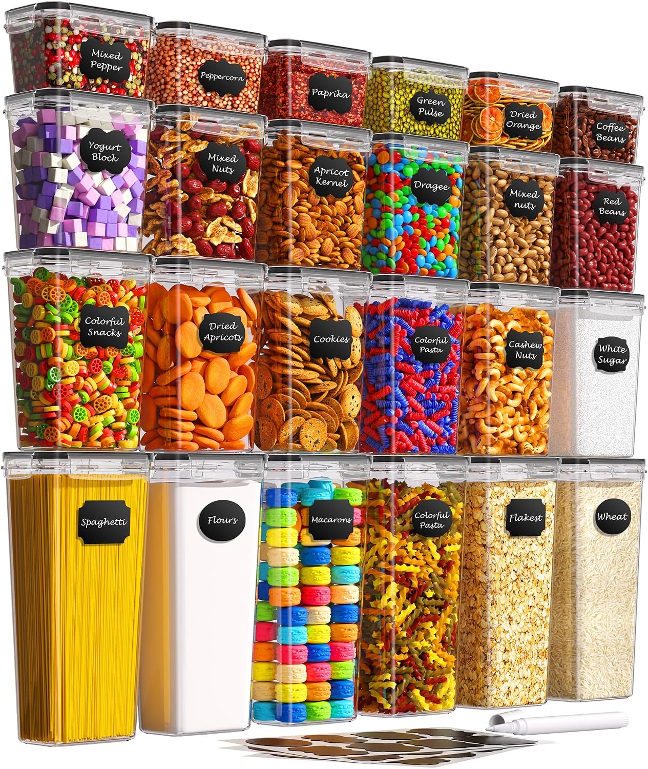 Airtight Food Storage Containers with Lids, 24 PCS Kitchen and Pantry Organization Canisters, BPA-Free, PVC-Free, Food-grade Plastic Leak-proof Jars for Cereal, Flour, Sugar, Extra 24 Labels & Marker