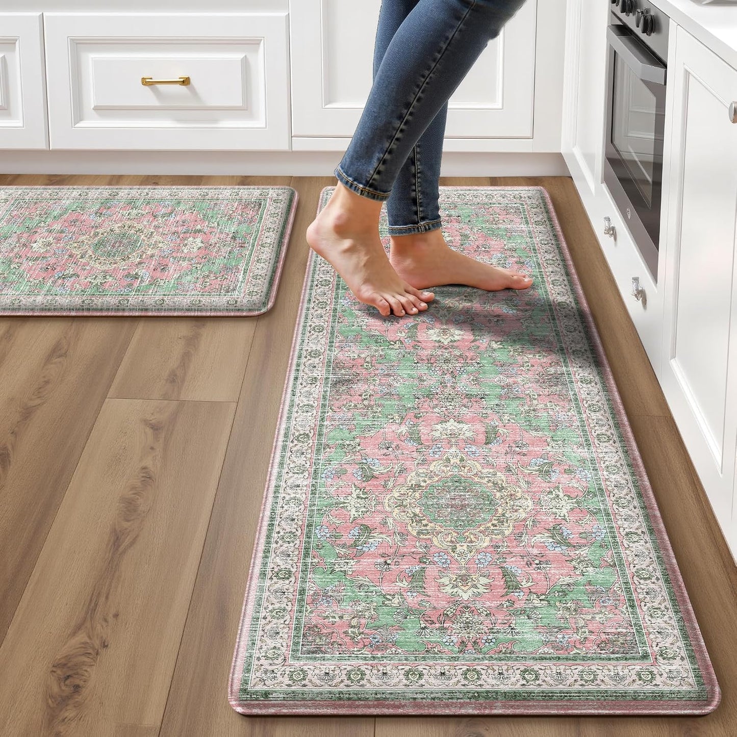 Boho Kitchen Mats for Floor 2 Piece Set Anti Fatigue Cushioned PVC Kitchen Rugs Non Slip Waterproof Farmhouse Mats 2/5 Inch Comfort Standing Mat for Sink, Laundry, 17.3"x47"+17.3"x28", Beige Tan