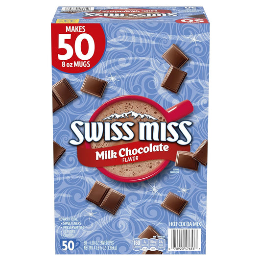 Swiss Miss milk chocolate hot cocoa mix, 1.38 oz, 50-count, bulk, packaging dimensions 13x18.5x29 cm, 4.8 pounds