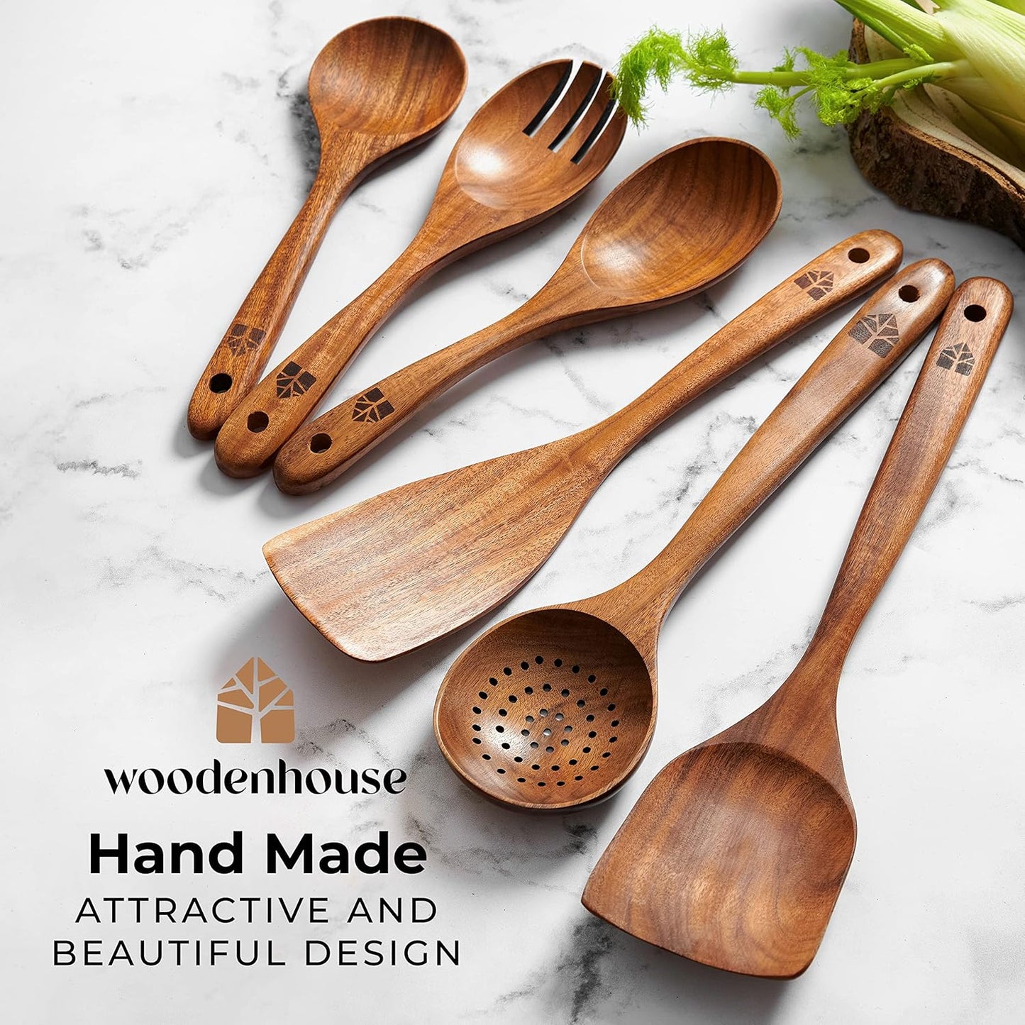 Wooden Spoons for Cooking, Teak Wood Kitchen Utensil Set – Multipack | Comfortable Grip, Non-Stick, Food-Safe & Easy to Clean Natural Cookware