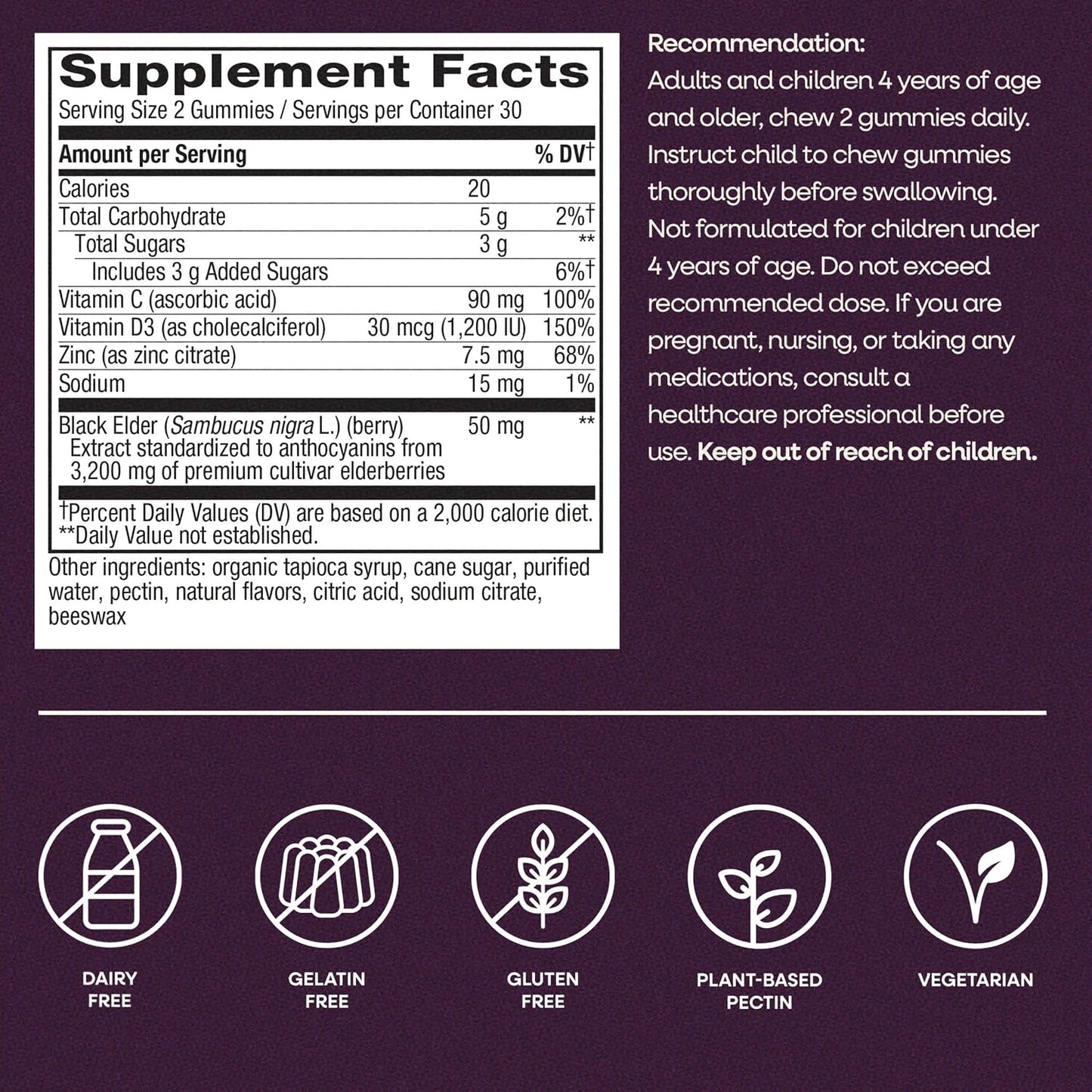 Nature's Way Sambucus Elderberry Gummies, Immune Support Gummy for Adults & Kids Ages 4+ with Black Elderberry Extract, Vitamin C, Vitamin D3, and Zinc*, 60 Gummies