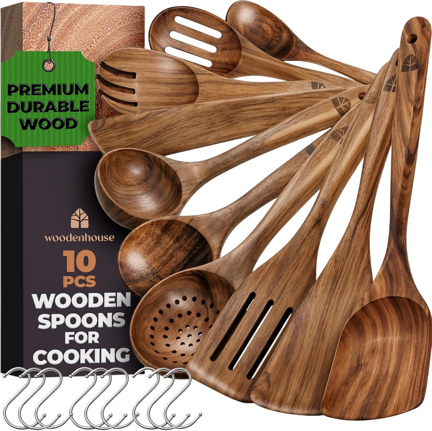 Wooden Spoons for Cooking, 12 Pcs Teak Utensil Set with Holder & Hooks | Includes Spoon Rest for Storage – Heat Resistant, Durable & Nonstick Safe Kitchen Cookware