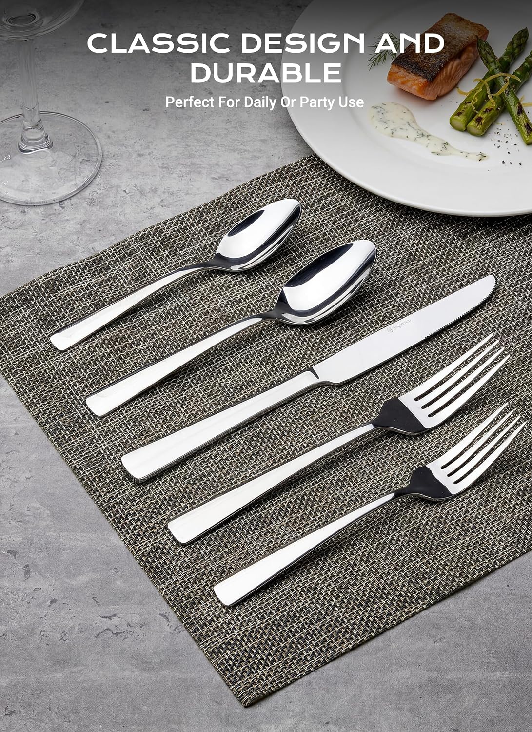 45-Piece Stainless Steel Silverware Set for 8, Dishwasher Safe | For Home, Restaurant & Travel, Heavy-Duty 45pc Set, Includes 8 Steak Knives, Mirror-Polished & Rust-Proof, Ergonomic Design
