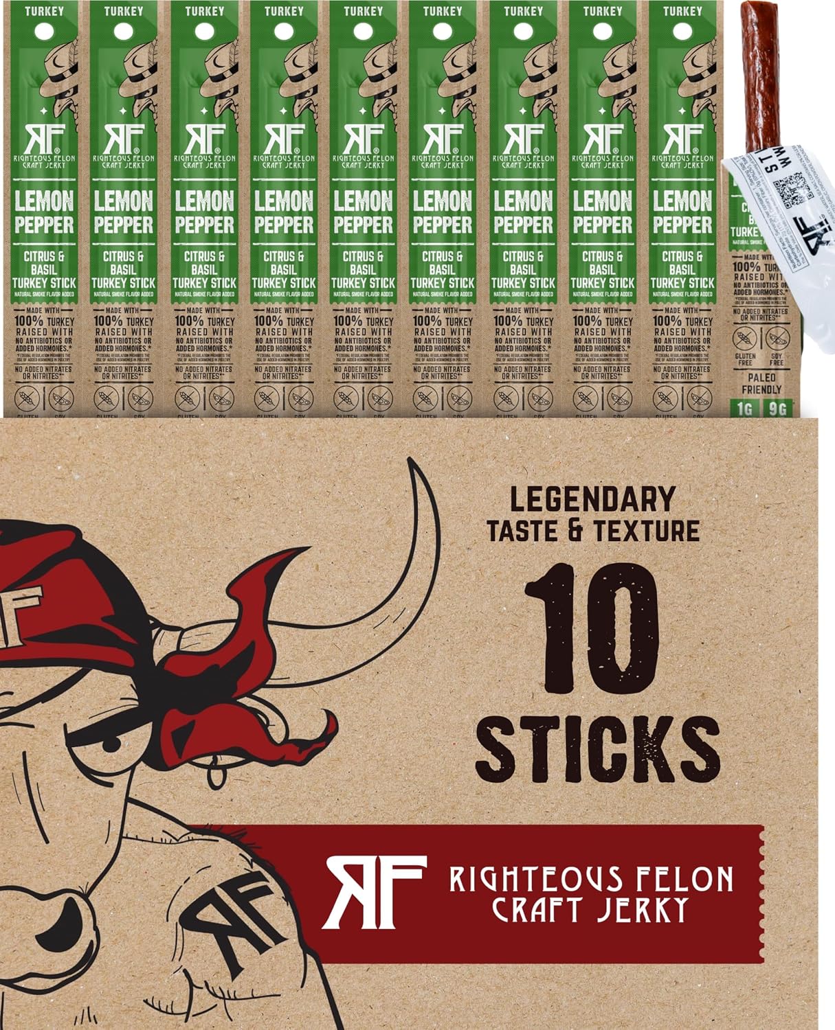 Righteous Felon Variety Meat Sticks, 100% Grass Fed Beef, Turkey & Pork, 10 Count