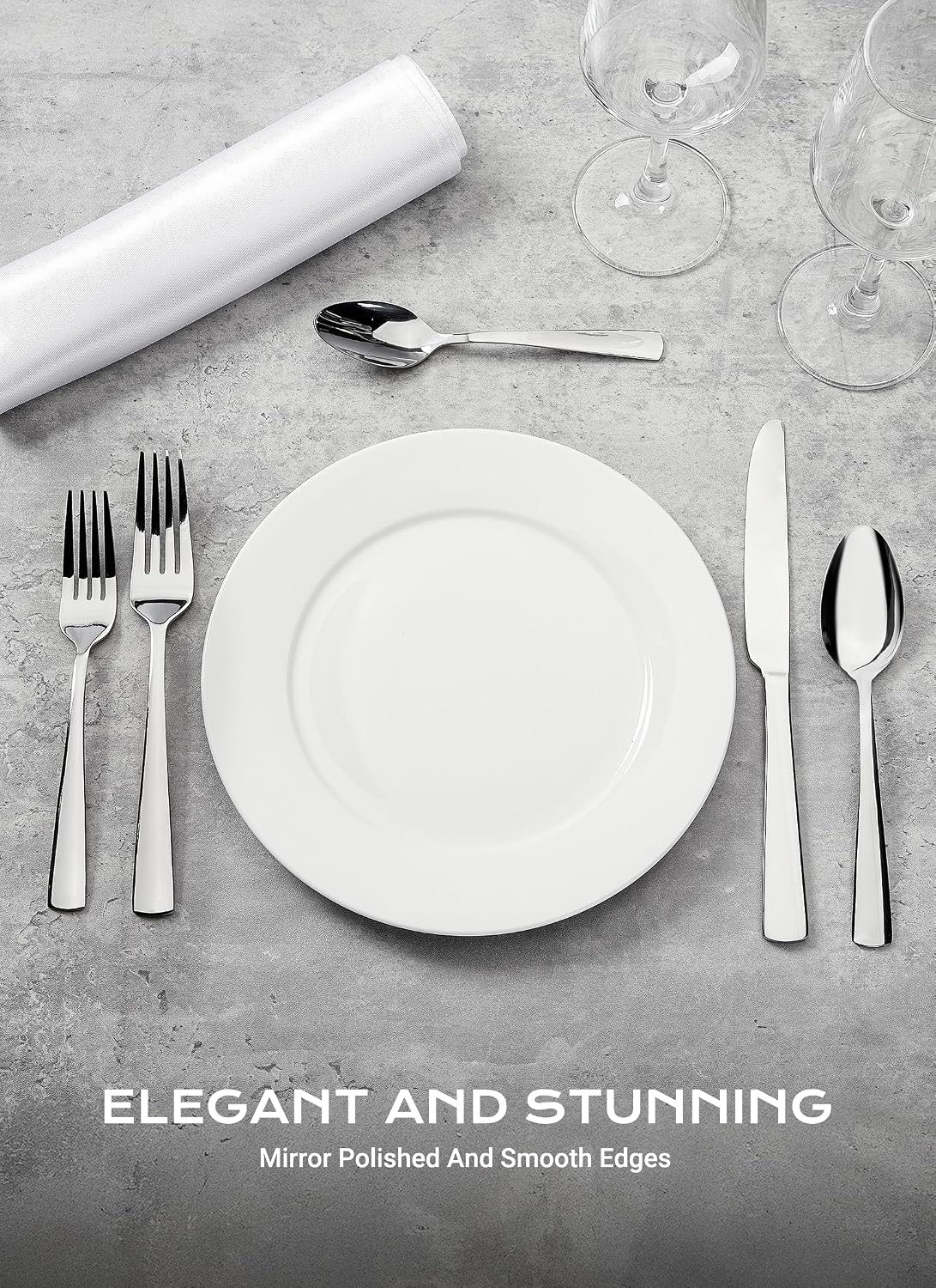 45-Piece Stainless Steel Silverware Set for 8, Dishwasher Safe | For Home, Restaurant & Travel, Heavy-Duty 45pc Set, Includes 8 Steak Knives, Mirror-Polished & Rust-Proof, Ergonomic Design