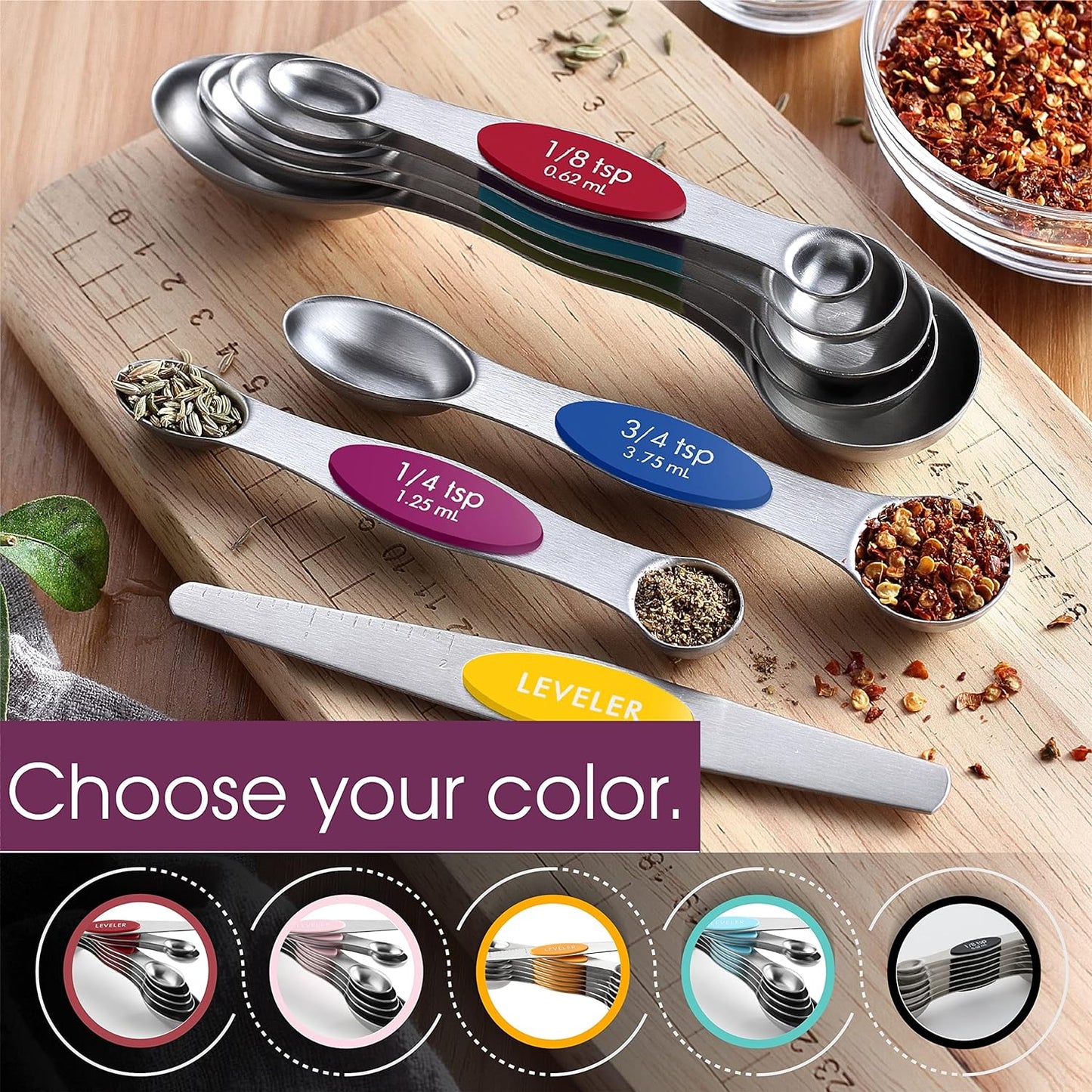 Spring Chef Magnetic Measuring Spoons Set of 8 for Kitchen, Multicolor | Stainless Steel Teaspoon & Tablespoon Measuring Spoons with Leveler for Dry & Liquid Ingredients, Dual Sided, Dishwasher Safe