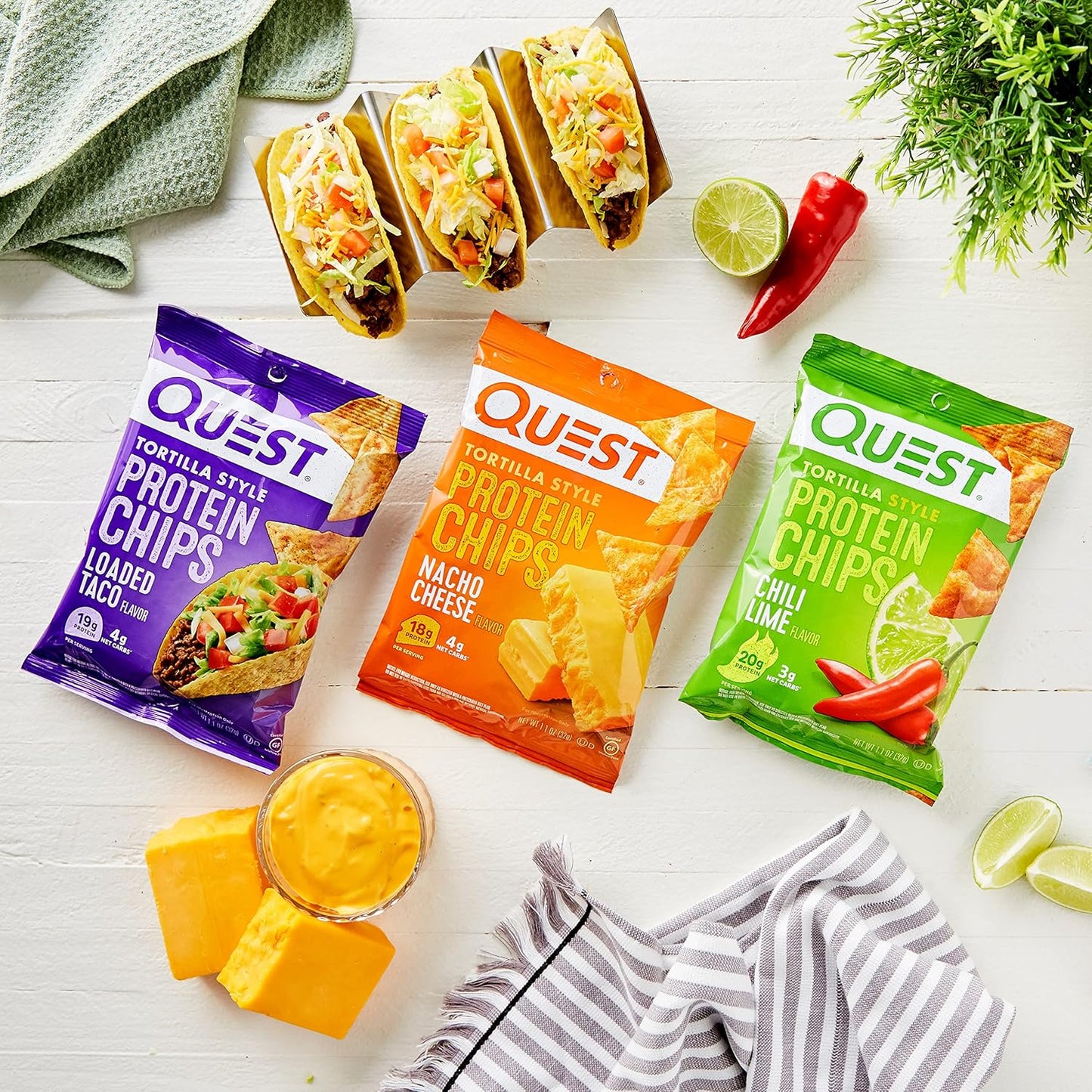 quest nutrition tortilla style protein chips variety pack, low carb, high protein, gluten free, 12 count