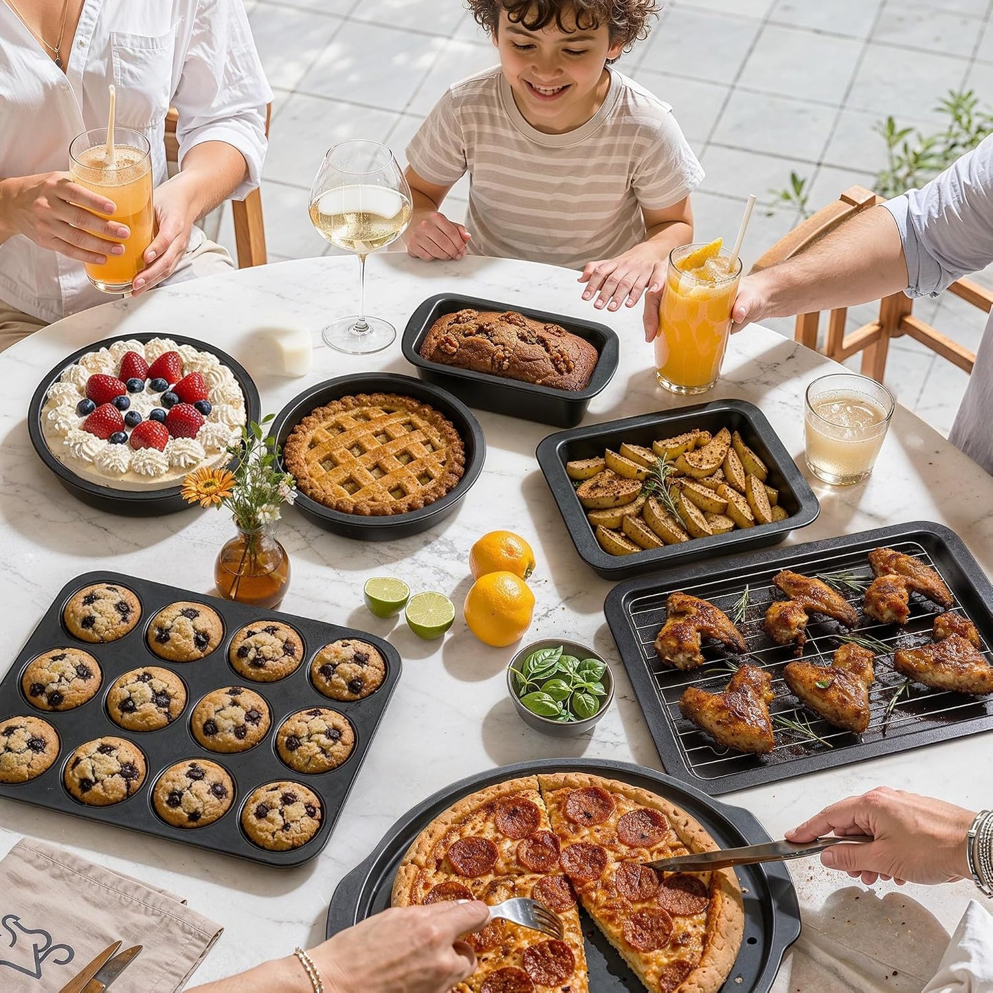 HONGBAKE Bakeware Sets, Baking Pans Set, Nonstick Oven Pan for Kitchen with Wider Grips, 10 Pieces Including Rack, Cookie Sheet, Cake Pans, Loaf Pan, Muffin Pan, Pizza Pan - Grey
