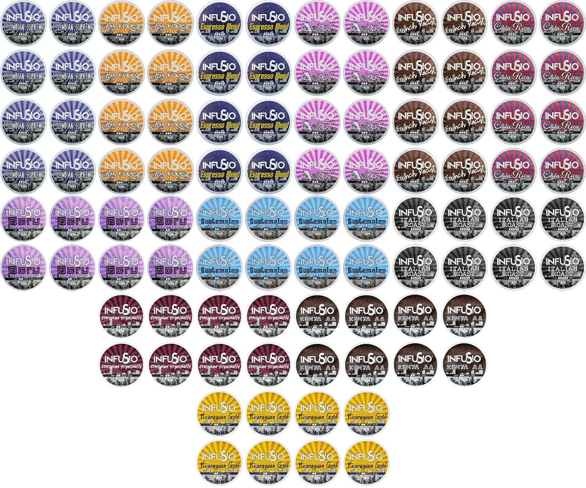 InfuSio Coffee Pods Variety Pack, 96 Count, 12 Blends, Compatible with Keurig K-Cup 2.0 Brewers