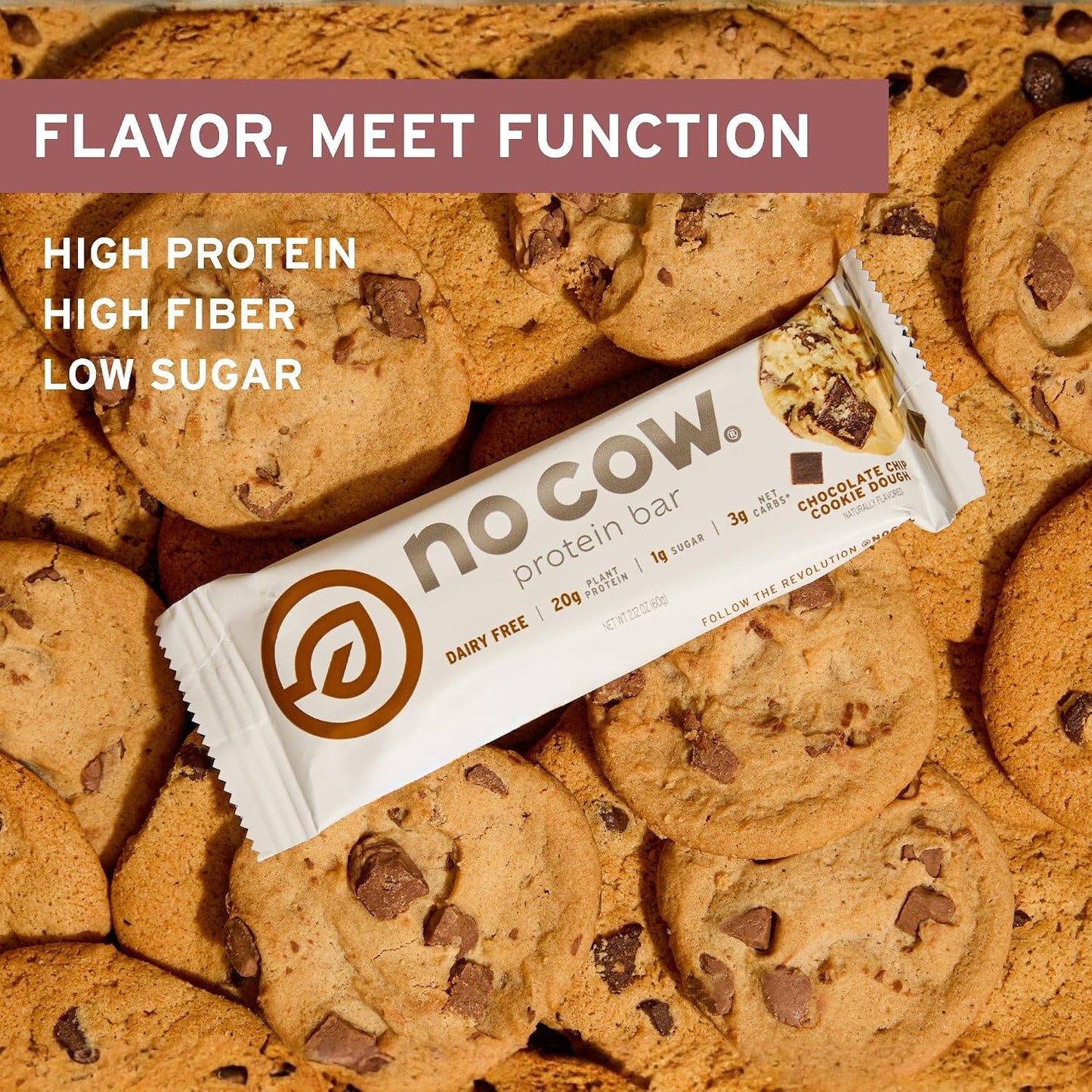 No Cow Vegan Protein Bars, Upgraded Chocolate Chip Cookie Dough, 20g Plant Based Protein, Gluten Free, Dairy Free, Soy Free, Keto Friendly, Low Sugar, High Fiber Snack Bars, Pack of 12