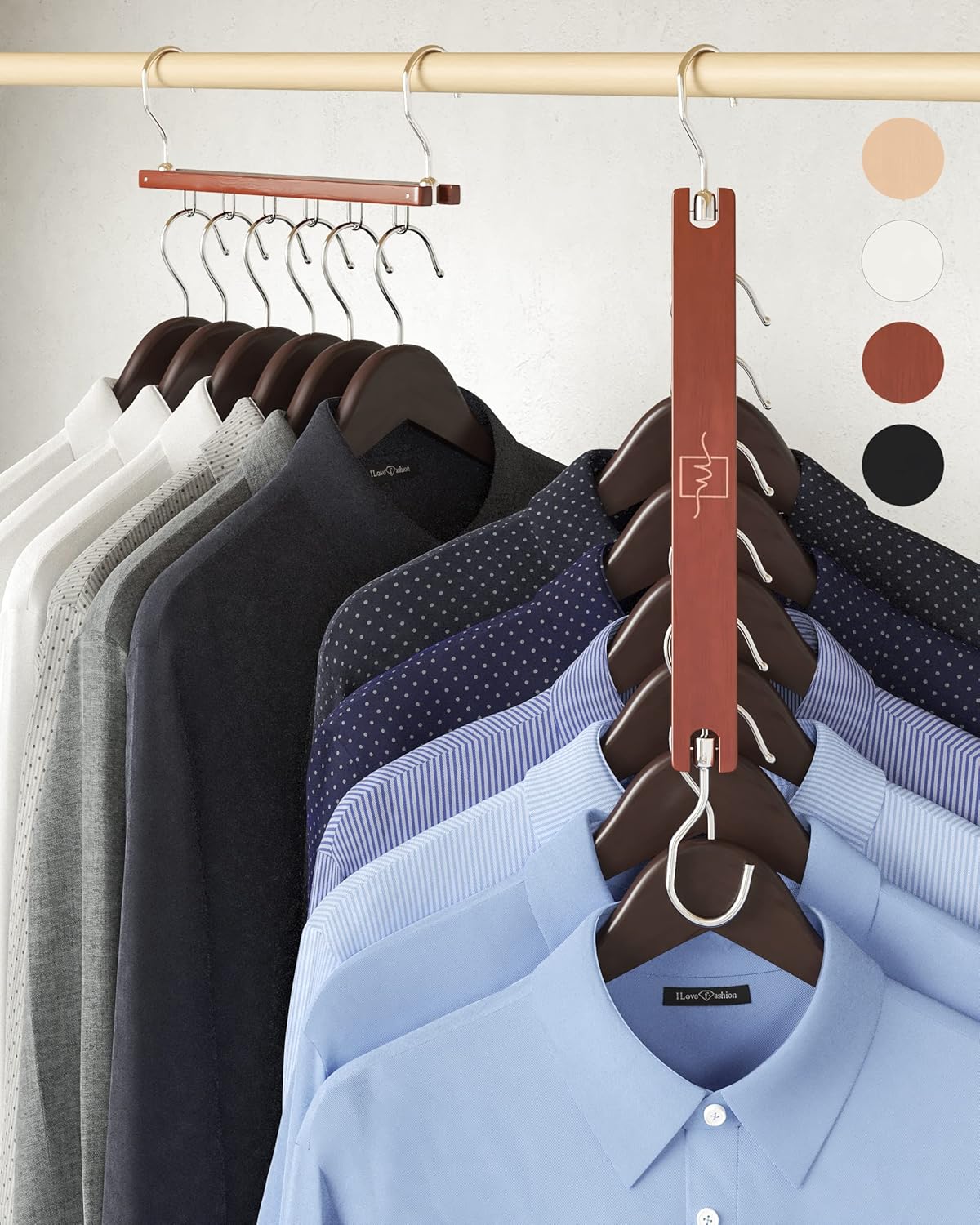 MORALVE Space Saving Hangers for Closet – 4 Pack European Beechwood 6-Tier Shirt Organizer with 360° Swivel Hook – Collapsible Clothes Hanger for Closet Organization (Hangers Not Included)