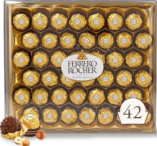 Ferrero Rocher Gourmet Hazelnut Milk Chocolate Gift Box, 42 Individually Wrapped Chocolates, 18.5 oz
