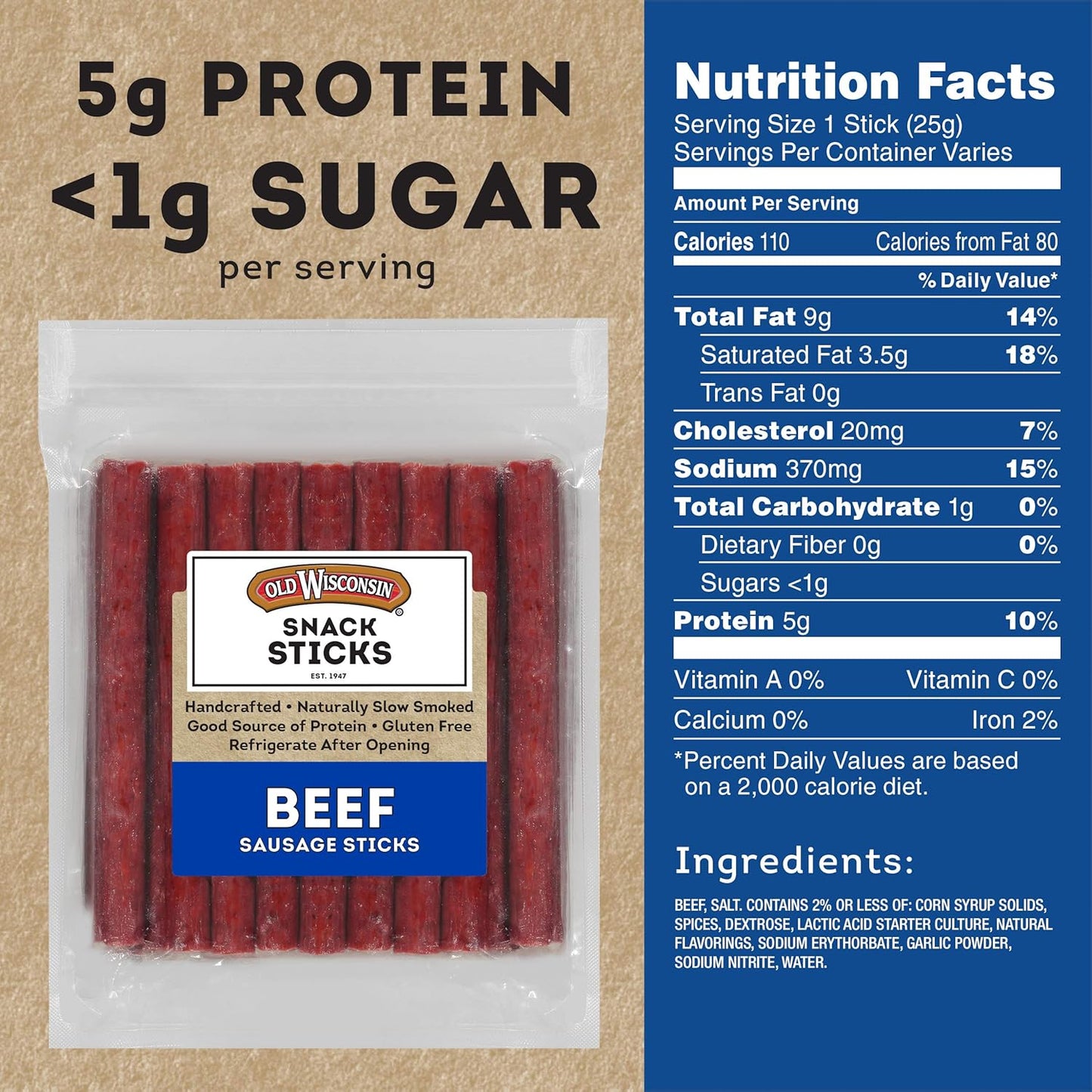 Old Wisconsin Beef Sausage Snack Sticks, 26 Ounce Resealable Package