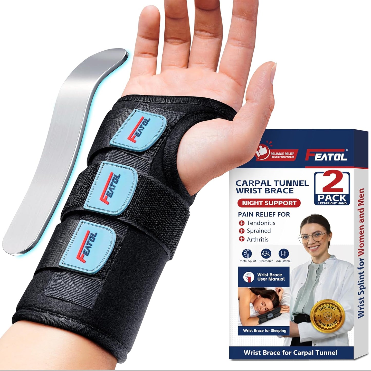 Featol Carpal Tunnel Wrist Brace Night Support 2 Pack for Pain Relief