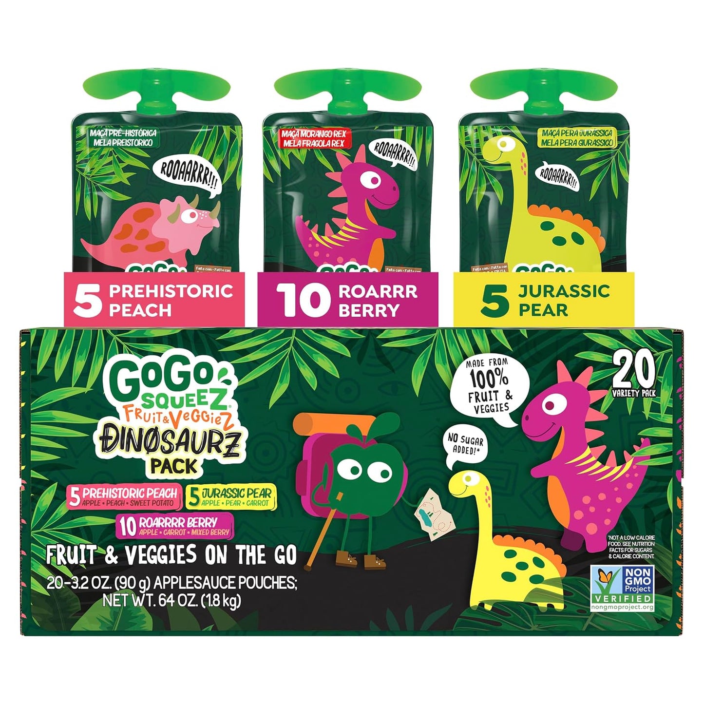 GoGo squeeZ No Sugar Added Fruit & veggieZ Applesauce and Puree Variety Pack, 20 Pouches, 3.2 oz Each