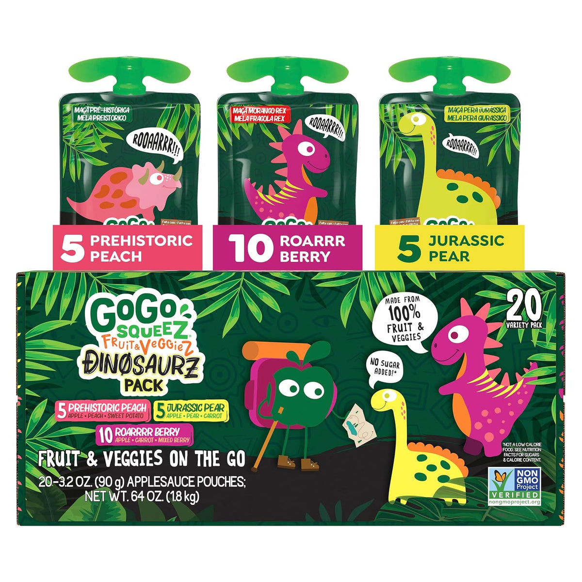 GoGo squeeZ No Sugar Added Fruit & veggieZ Applesauce and Puree Variety Pack, 20 Pouches, 3.2 oz Each