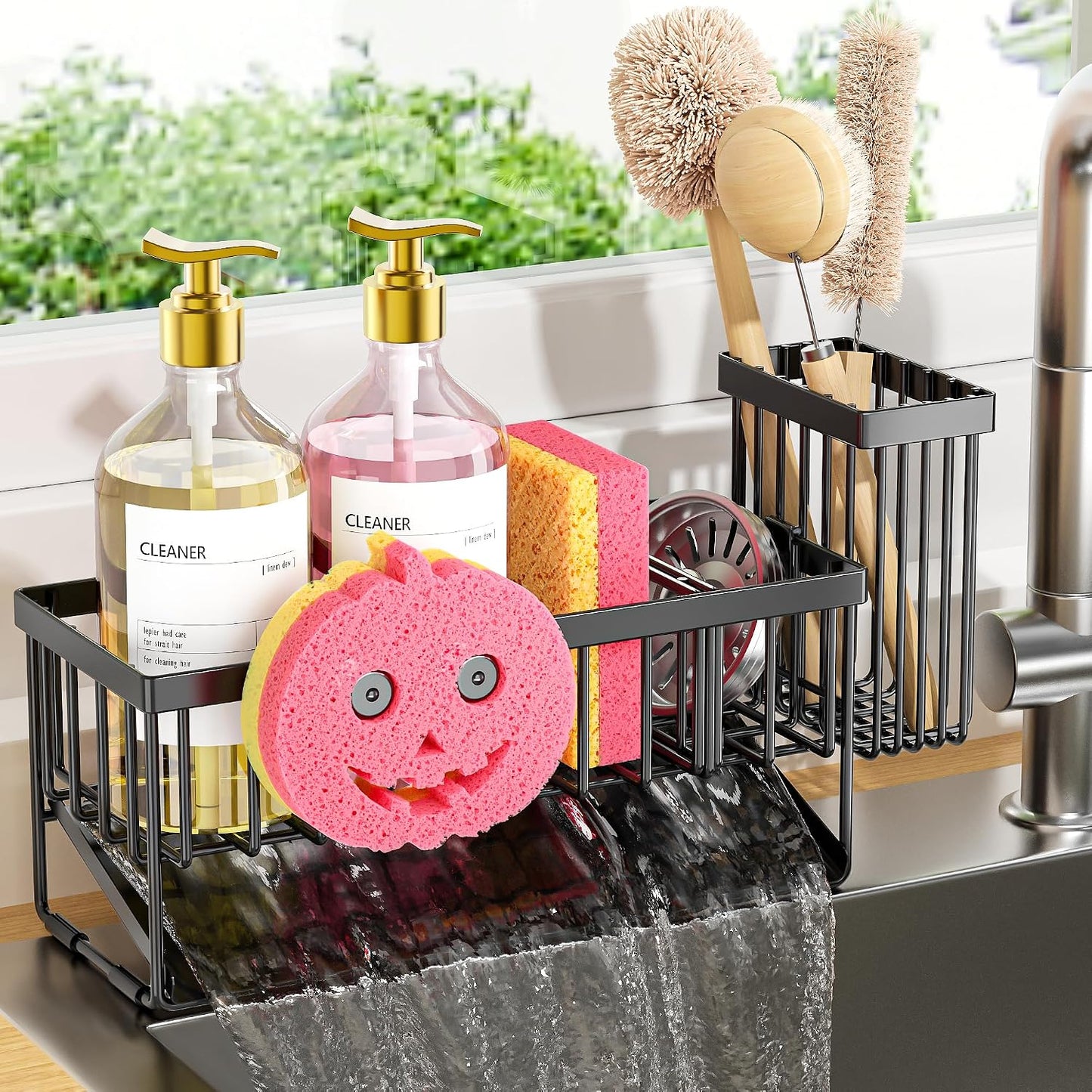 Cisily Sponge Holder for Kitchen Sink, Smiley Face Sink Caddy with Removable Brush Holder,Self-Draining Sponge Caddy for Sponge,Soap,Dish Brush,Scrubber,Kitchen Essentials and Gadgets