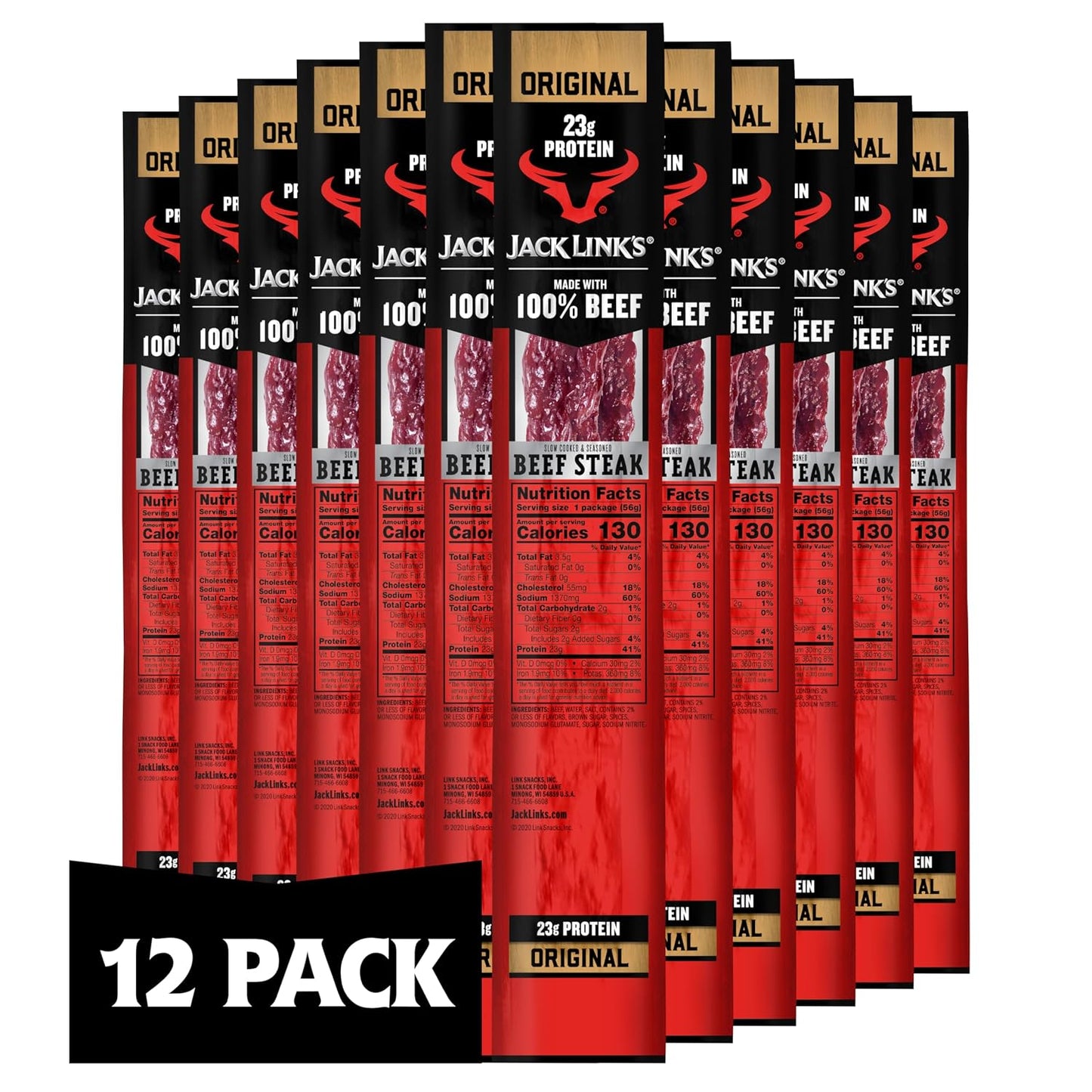 Jack Link's Original Beef Steak Protein Snacks, 12 Count, 2 Oz Each, Made with 100% Real Beef