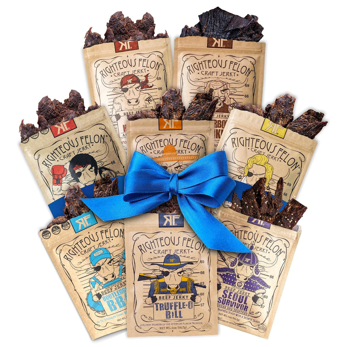 Righteous Felon Beef Jerky Variety Pack, 8 Pack Sampler, Gluten Free, High Protein, Keto, Low Sugar
