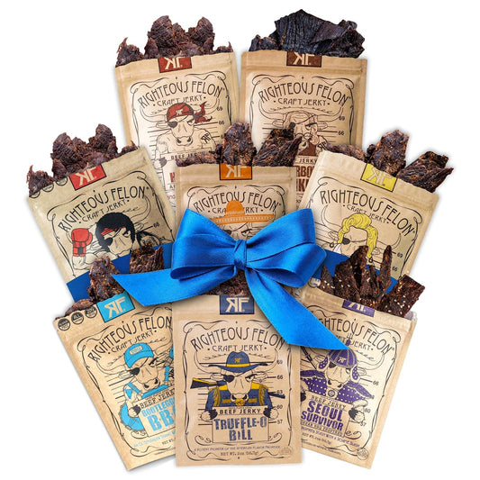Righteous Felon Beef Jerky Variety Pack, 8 Pack Sampler, Gluten Free, High Protein, Keto, Low Sugar