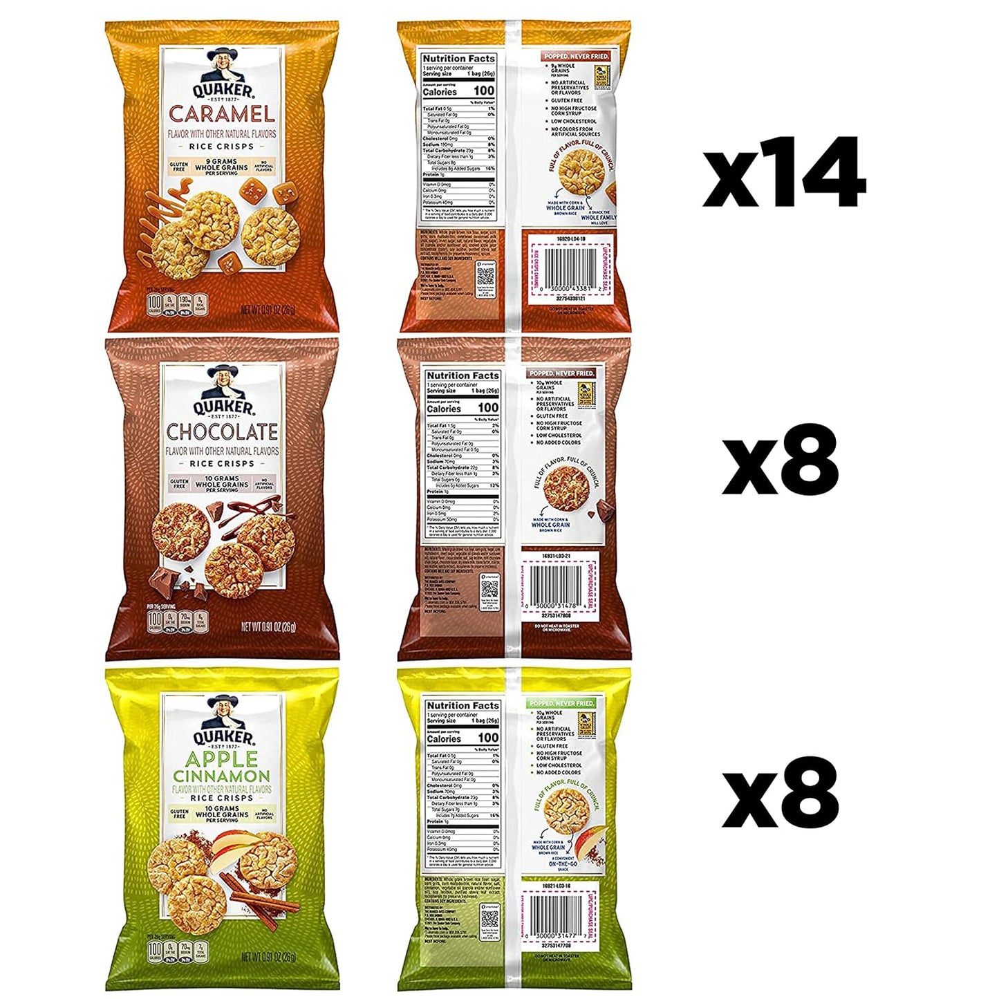 Quaker Rice Crisps, Gluten Free, 3 Flavor Sweet Variety Mix, 30 Count