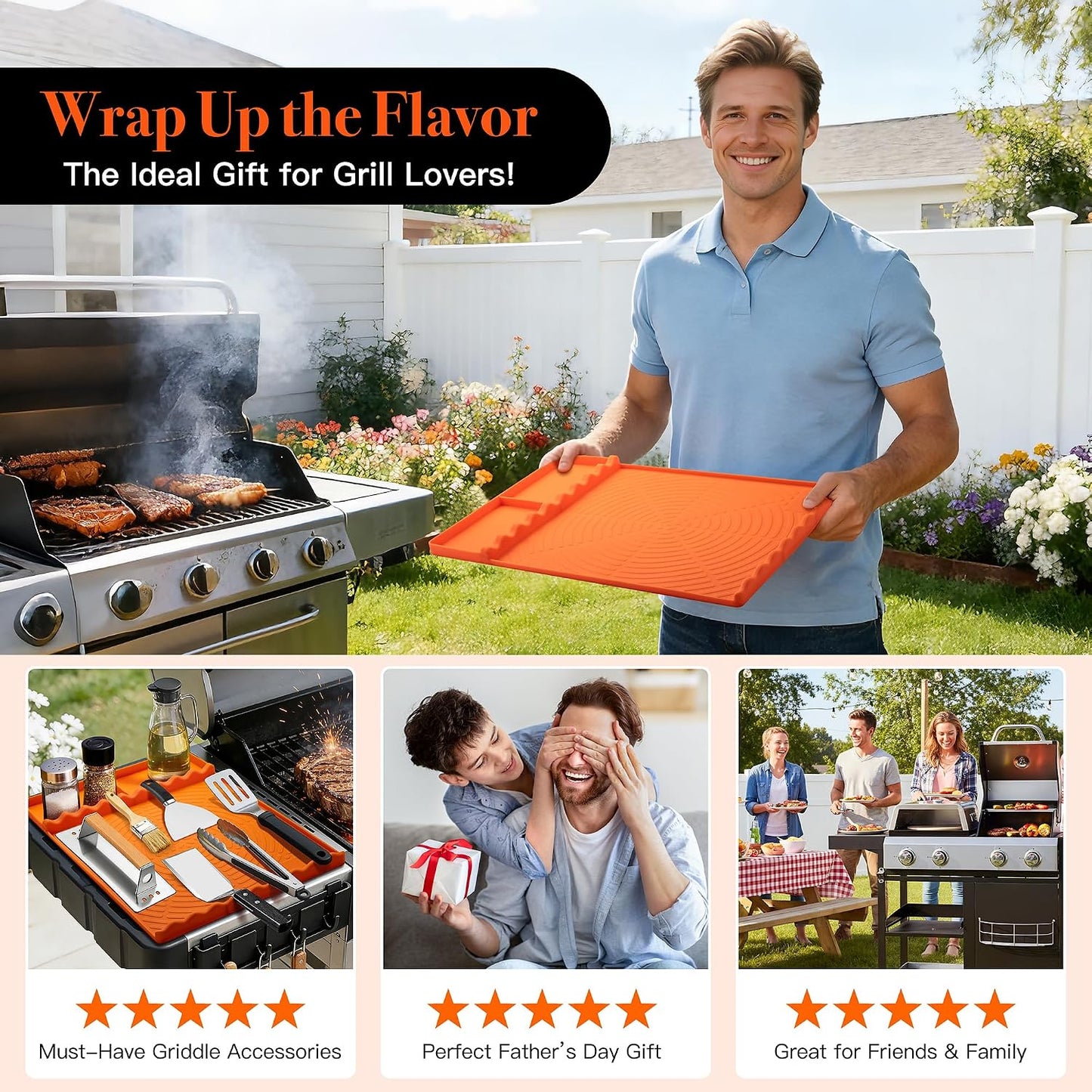 Silicone Grill Mat for Blackstone - BBQ Griddle Tools Side Mat with Drip Pad, Griddle Tools Mat for Outdoor Kitchen Countertop, BBQ Grill Accessories Gifts for Men (Orange)