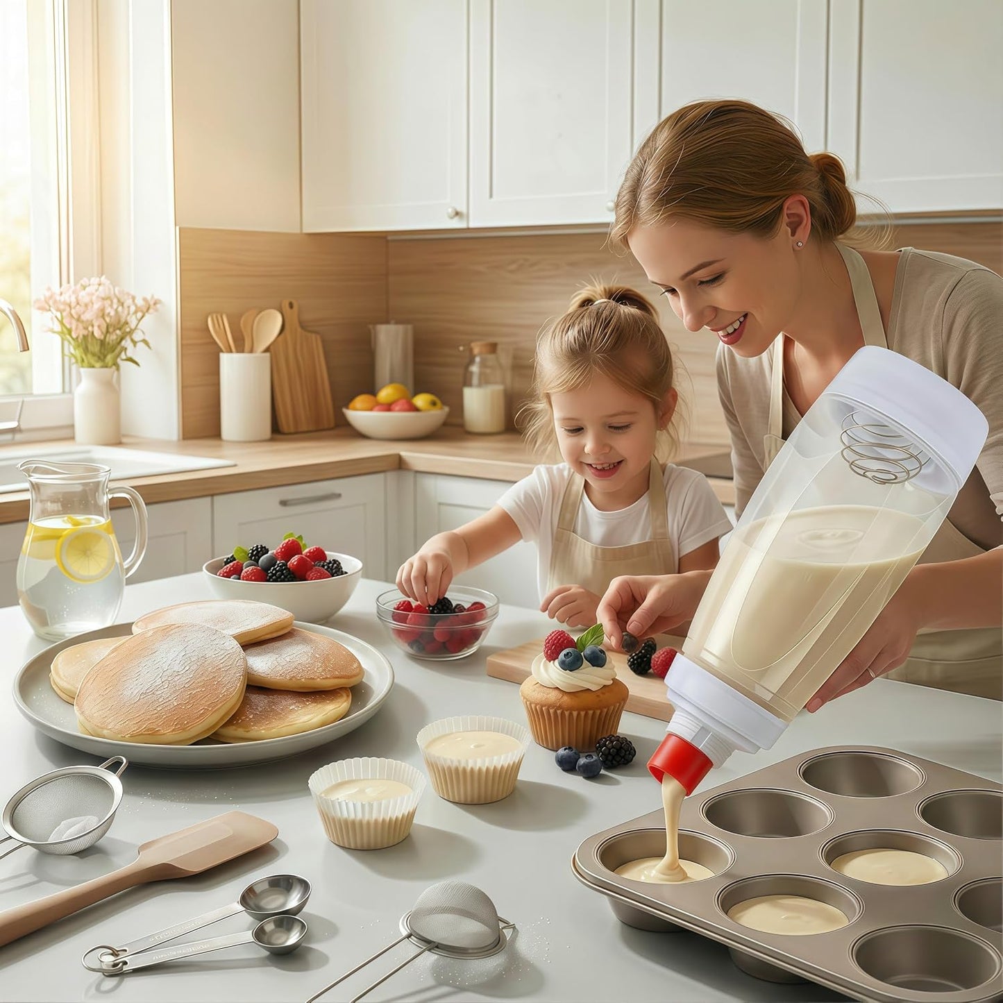 2PCS Pancake Batter Dispenser Bottle for Mixing and Pouring Perfect Batter Ideal for Pancakes Muffins Cupcakes and More Essential Mixer and Shaker Bottle for Kitchen Cooking and Baking